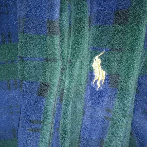 Polo Ralph Lauren S/M Mens Belted Blue Hunter Green Plaid Fleece Robe - Picture 6 of 8